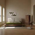 Modern Double Bed In Bright Room With Wooden Floor Sunlight And Wall Art