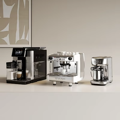 Stylish Modern Kitchen Appliances Featuring Three Coffee Makers With Black And Silver Designs 3d model