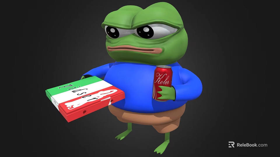 3D Green Frog Game Character Wearing Blue Shirt Brown Shorts Holding Pizza Box Cola 3d model 