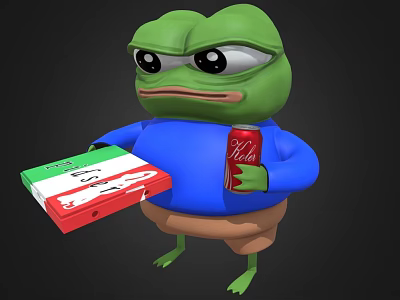 3D Green Frog Game Character Wearing Blue Shirt Brown Shorts Holding Pizza Box Cola 3d model