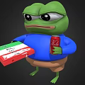 3D Green Frog Game Character Wearing Blue Shirt Brown Shorts Holding Pizza Box Cola