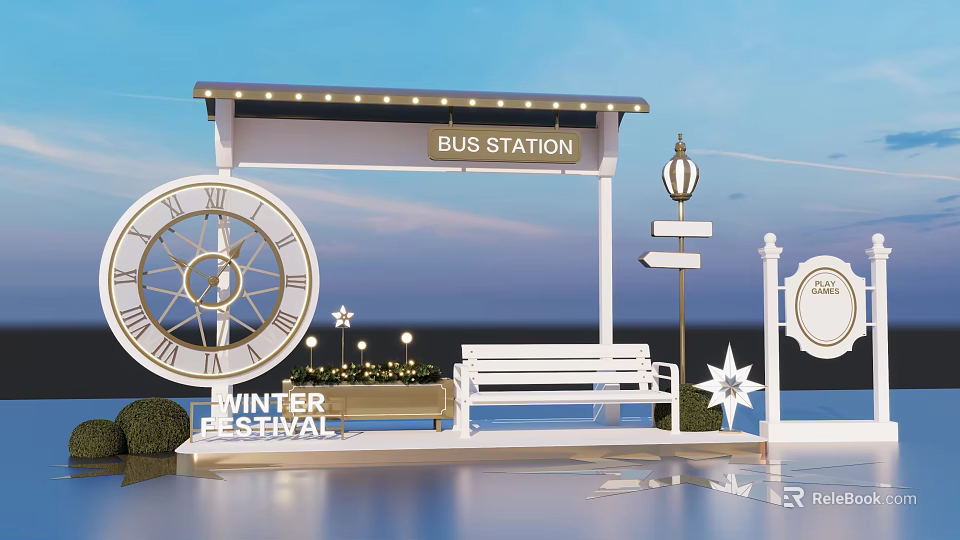 Winter Festival Bus Station Photo Spot With Large Clock Bench And Star Decorations 3d model 