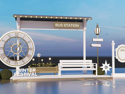 Winter Festival Bus Station Photo Spot With Large Clock Bench And Star Decorations 3d model