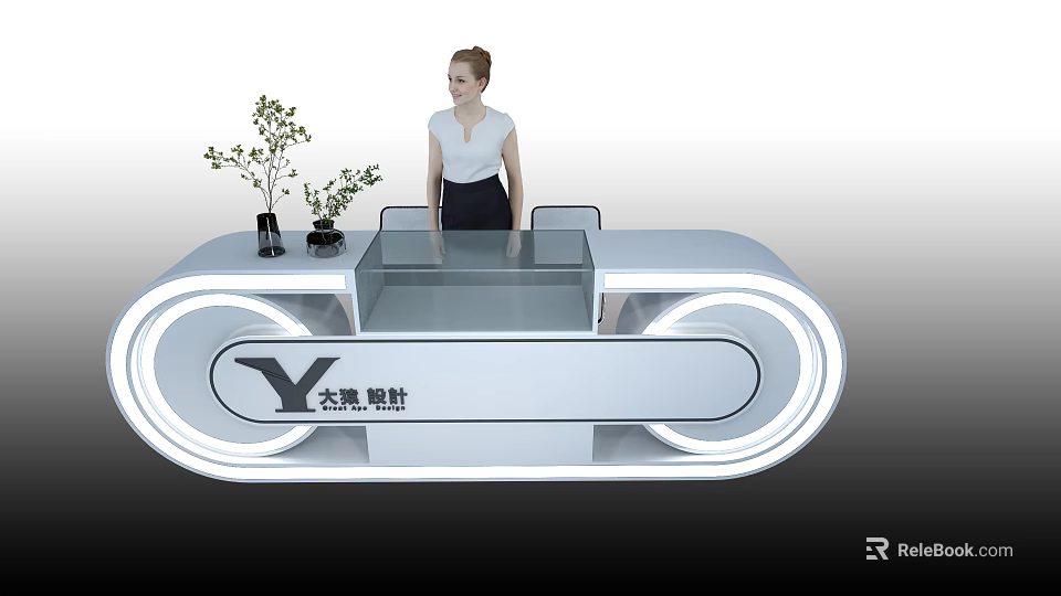 Elegant Modern Reception Desk Design With LED Lights And Decorative Plants 3d model 