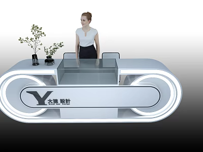 Elegant Modern Reception Desk Design With LED Lights And Decorative Plants 3d model