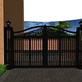 Ornate Wrought Iron Gate With Decorative Design And Lamp Posts Brick Wall Greenery