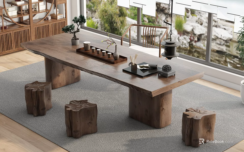 Rustic Wooden Tea Table with Tree Stump Stools and Tea Set by Window 3d model