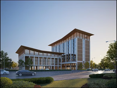 Modern Residential Building Exterior With Sloped Roof Landscaping And Parked Cars 3d model