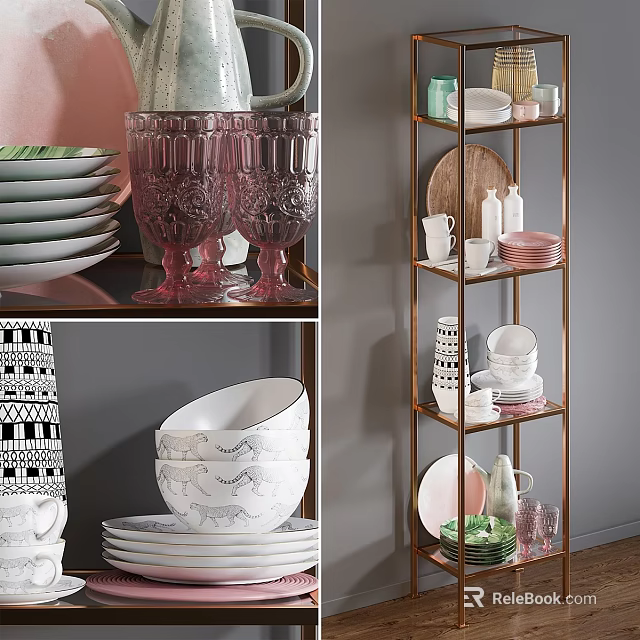 Modern Decorative Ornament Set with Marble Bowls Ceramic Plates Glass Cups and Metal Shelf 3d model 