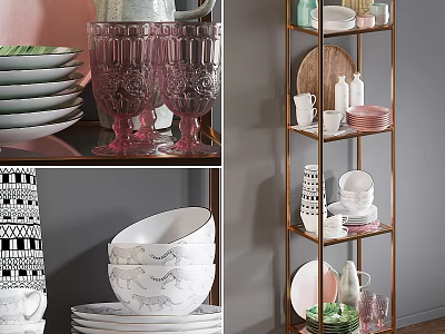 Modern Decorative Ornament Set with Marble Bowls Ceramic Plates Glass Cups and Metal Shelf 3d model
