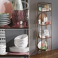 Modern Decorative Ornament Set with Marble Bowls Ceramic Plates Glass Cups and Metal Shelf