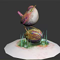 Colorful Bird Standing On A Walnut With Green Grass And Stone Base Against Gray Background