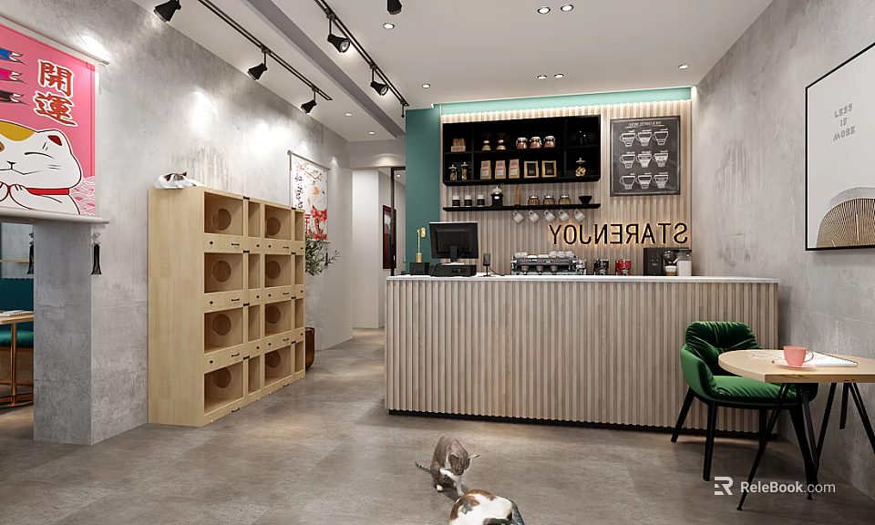 Modern Café Interior With Wooden Counter Green Chair Shelves And Cat 3d model 