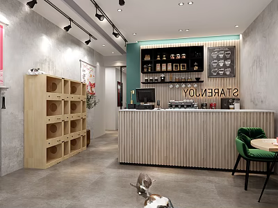 Modern Café Interior With Wooden Counter Green Chair Shelves And Cat 3d model