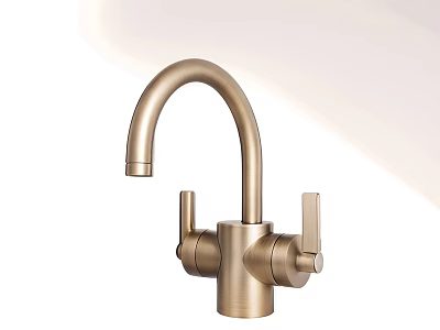 Modern Brushed Brass Faucet With Curved Spout And Double Handles Design 3d model