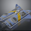 3D Rendering of Blue Yellow Gray Cosmic Spacecraft with Twin Fuselage Design