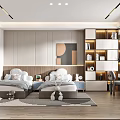 Elegant Modern Bedroom Interior With Bed Nightstand Lamp Round Marble Decorative Art And Stuffed Bear