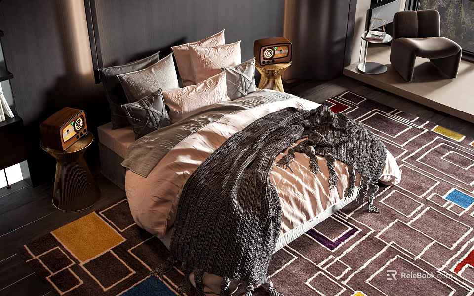 Cozy Double Bed With Soft Pillows Knit Blanket And Patterned Rug In Modern Bedroom 3d model 