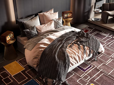 Cozy Double Bed With Soft Pillows Knit Blanket And Patterned Rug In Modern Bedroom 3d model