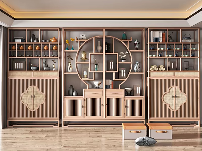 Chinese Traditional Display Shelf With Decorative Items Tea Sets And Books In Wooden Design 3d model