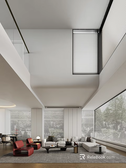 Modern Minimalist Loft Living Room With Blinds And Large Windows 3d model 
