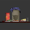 Assorted Food on Wooden Table with Lace Doily Pizza Olives Red Slices and Glass Jars