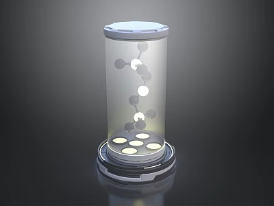 Modern Window Display with Transparent Cylindrical Container Molecular Structure Spheres and Circular Base Lights 3d model