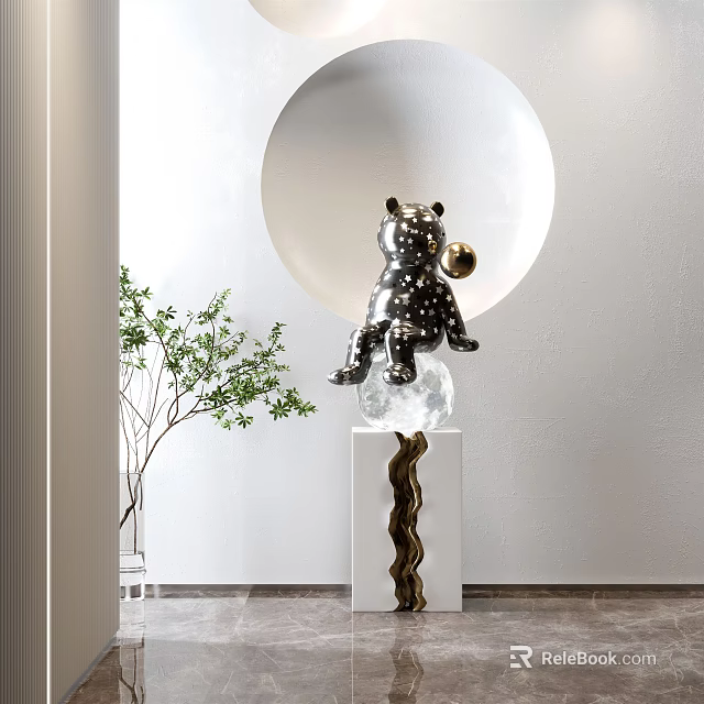 Modern Artistic Bear Sculpture On Transparent Sphere With White Golden Spiral Pedestal And Green Plant 3d model 