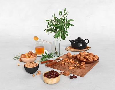 Elegant Decorative Ornament Combination with Green Plant Black Teapot Honey Nuts Dates and Wooden Bowls 3d model