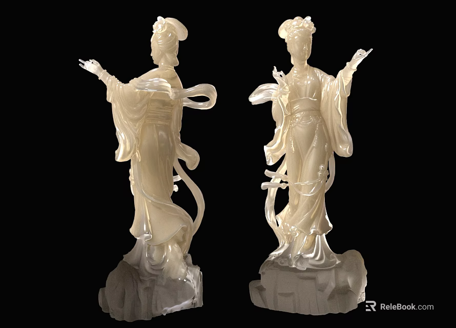 Traditional Elegant Female Statue Ornament Decor Set With Jade Like Ivory White Craftwork 3d model 