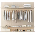 Minimalist Wooden Closet With Hanging Shirts Jackets Folded Clothes And Storage Boxes