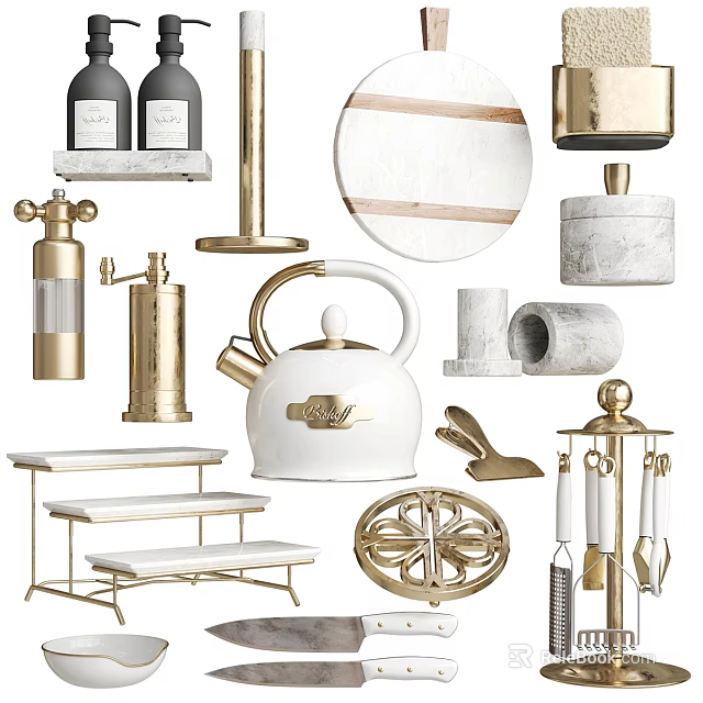 Elegant Modern Bathroom Accessories With Gold White Marble Decorative Functional Pieces 3d model 