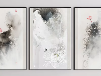 Abstract Ink Wash Paintings Set Featuring White Background Flower Butterfly And Red Accents Wall Art 3d model