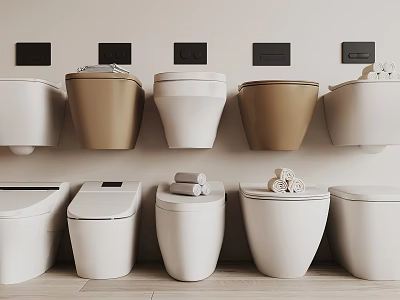 Different Styles Of Wall Mounted And Floor Standing Toilets In White And Brown Colors 3d model