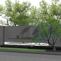 Modern Stone Landscape Wall With Trees Water Feature And Greenery Design 3d model