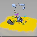 Underwater Scene With Yellow Sand Rocks Seaweed And Swimming Fish