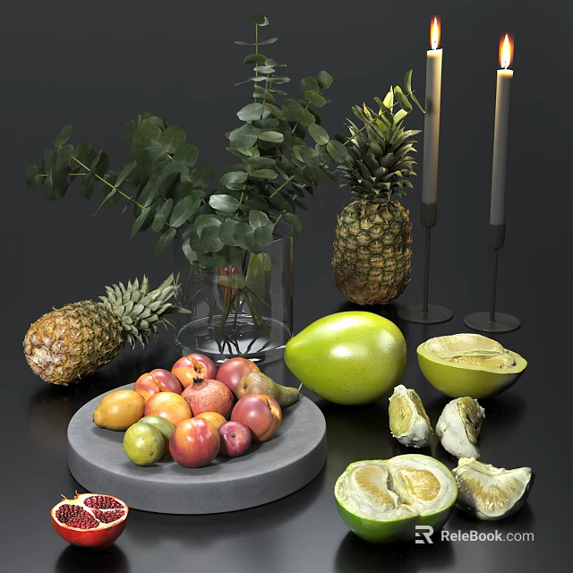 Assorted Fresh Tropical Fruits Display Including Pineapples Mango Apples And Sliced Fruits With Eucalyptus Leaves 3d model 