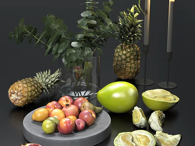 Assorted Fresh Tropical Fruits Display Including Pineapples Mango Apples And Sliced Fruits With Eucalyptus Leaves 3d model