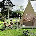 Scenic Camp Garden Landscape With Tent Lawn Deck Chair Green Plants And Bicycle