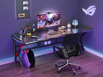 Gaming Desk Setup With ASUS ROG Logo Computer Monitor Ergonomic Chair And RGB Lighting 3d model