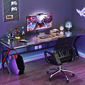 Modern E-sports Table and Chair E-sports Room Computer Table and Chair Corner Computer Table Cyberpunk Computer Ornaments Combination Computer Chair Computer Host Monitor Wall Decoration 3d model