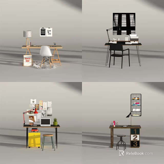 Modern Home Office Desk With Lamp Chair Storage And Decorative Items 3d model 
