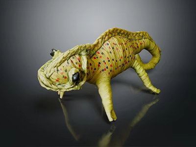 Yellow Chameleon Figure With Red Black Spots Woven Texture And Reflection On Dark Background 3d model