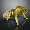 Yellow Chameleon Figure With Red Black Spots Woven Texture And Reflection On Dark Background