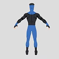 Muscular Man in Blue Bodysuit with Black Accents Standing with Arms Outstretched Wearing Sunglasses