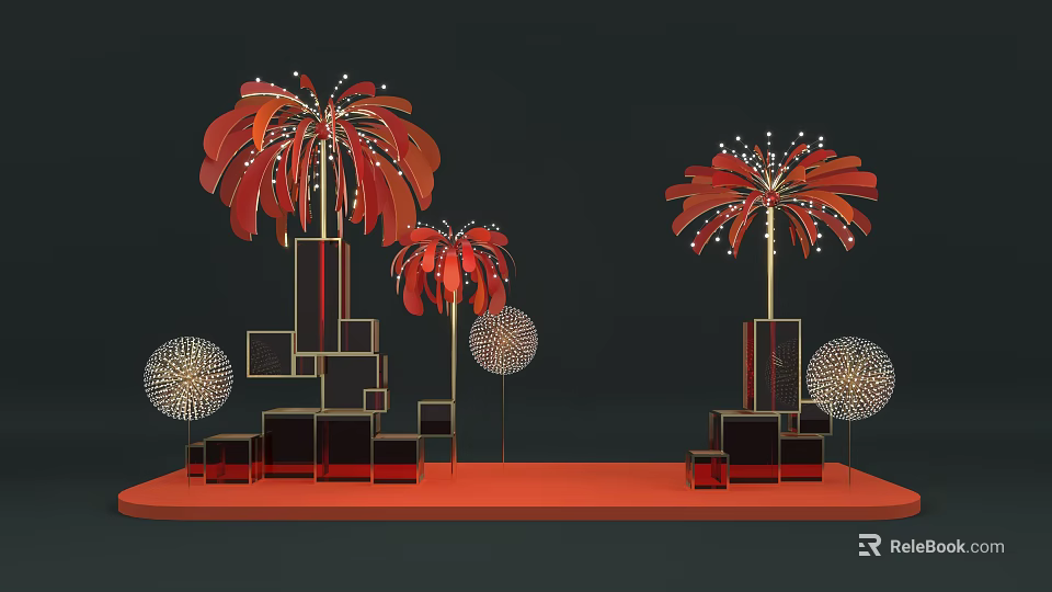 Eye Catching Photo Check in Spot With Red Decorative Flowers Geometric Shapes And Orange Base 3d model 