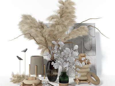 Decorative Ornament Set With Pampas Grass Vases Wooden Rings And Leaf Decorative Pieces 3d model