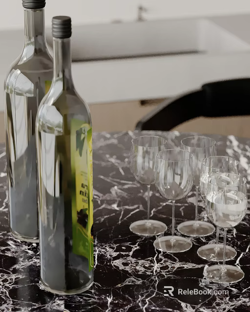 Transparent Bottles With Green Label And Wine Glasses On Marble Tabletop Near Black Chair 3d model 