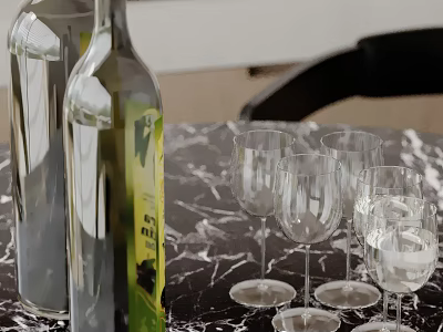 Transparent Bottles With Green Label And Wine Glasses On Marble Tabletop Near Black Chair 3d model