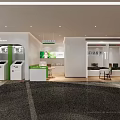 Modern Service Hall with Self Service Terminals Green and White Counters and Bright Clean Layout